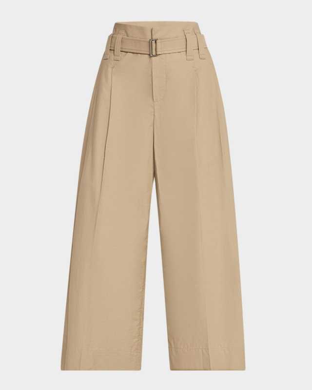 Pleated Cotton Wide-Leg Crop Trousers With Belt